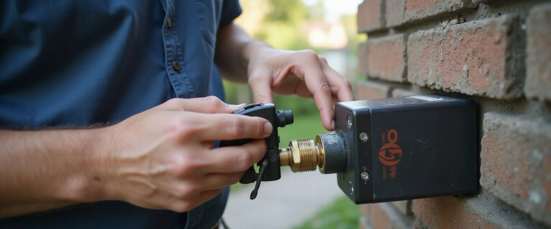Best HVAC Toronto TSSA-certified technician connecting a natural gas BBQ quick-disconnect box on a Toronto backyard patio
