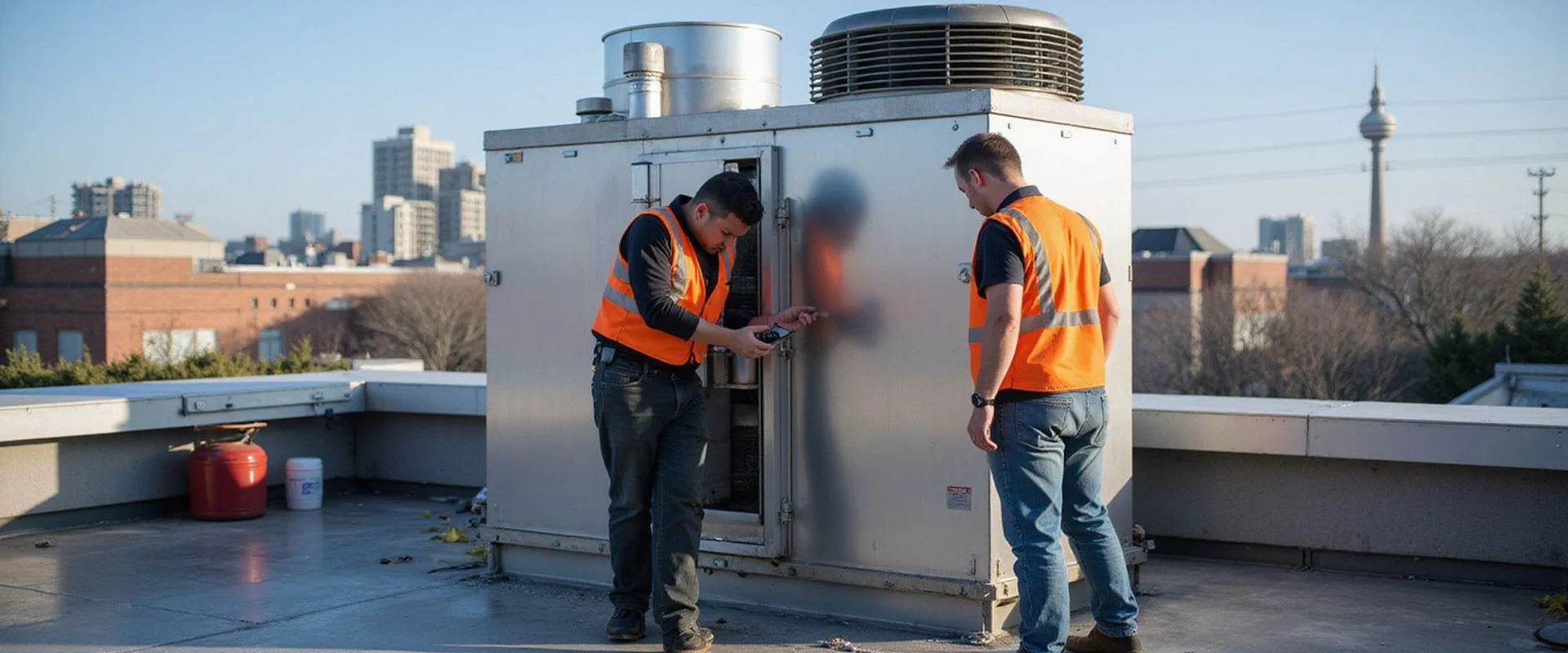 TSSA-certified technician inspecting a gas-fired restaurant makeup air unit on a commercial kitchen rooftop in Toronto