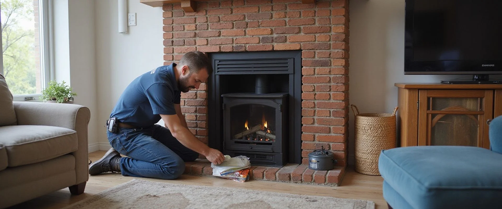 Best HVAC Toronto TSSA-certified technician installing a direct-vent gas fireplace insert beside a brick hearth in an East York home