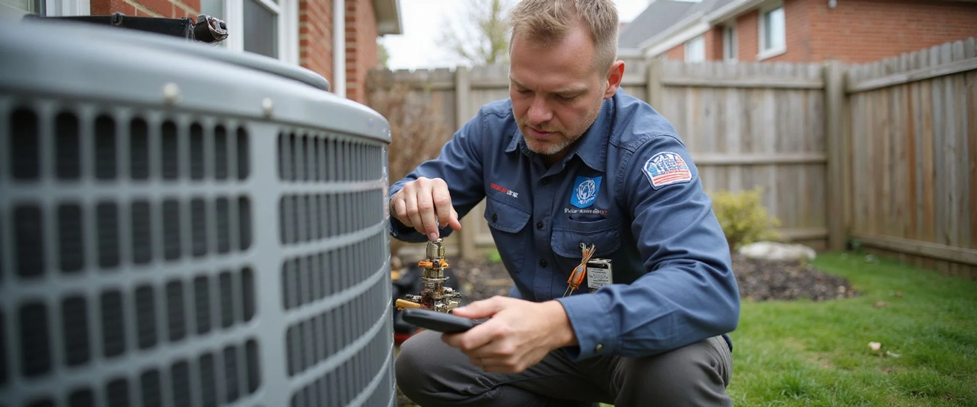 Best HVAC Toronto TSSA-certified technician performing a spring AC tune-up on a backyard condenser unit in Toronto