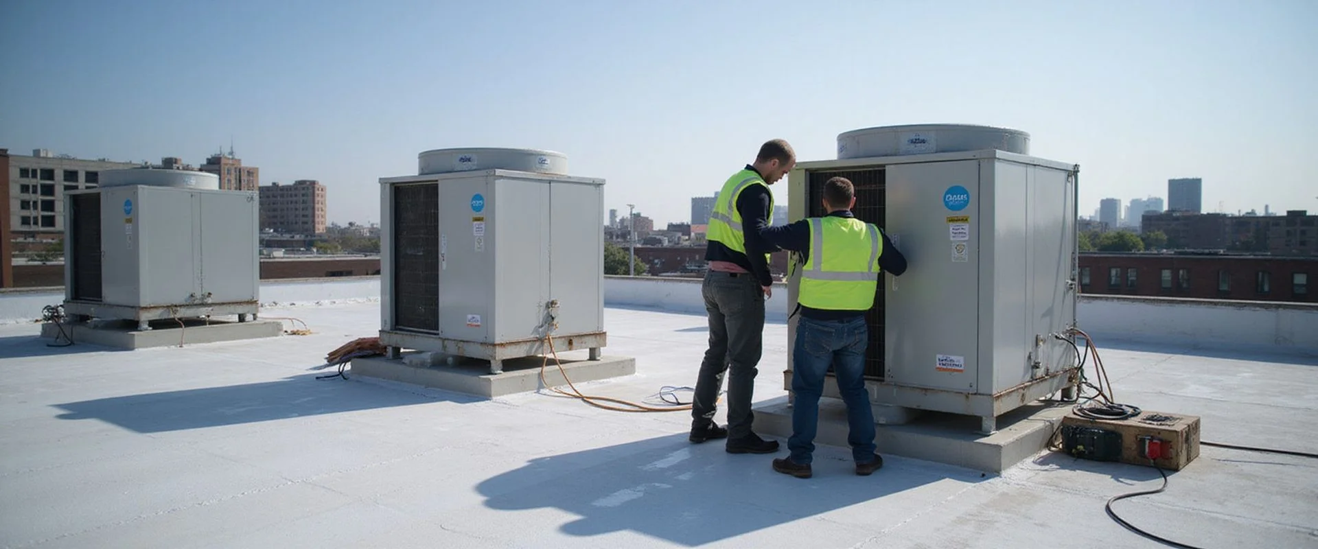 TSSA-certified technicians diagnosing a commercial rooftop unit on a flat Toronto commercial building roof