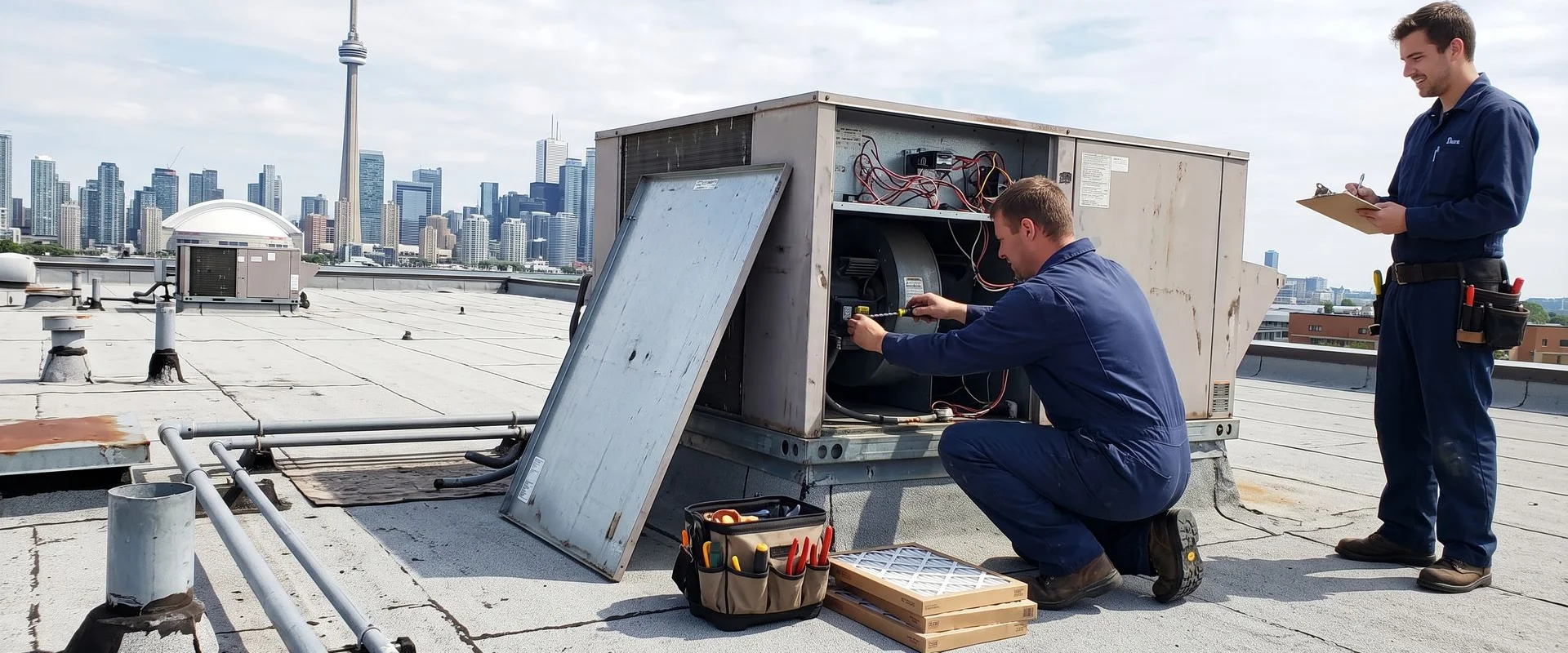 Best HVAC Toronto technicians servicing a commercial rooftop unit on a flat roof in Toronto