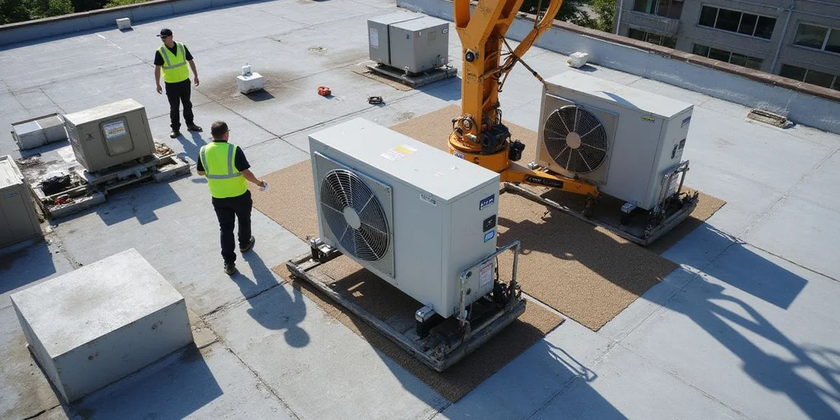 Commercial RTU being crane-lifted from its roof curb during a single-day rooftop unit replacement project in the Greater Toronto Area