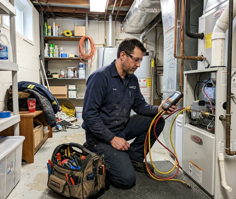 Best HVAC Toronto technician checking gas pressure on a high-efficiency furnace in a Toronto home basement