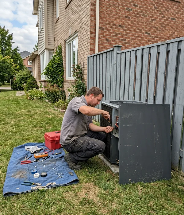 Technician servicing an outdoor cold-climate heat pump condenser beside a detached home in Etobicoke