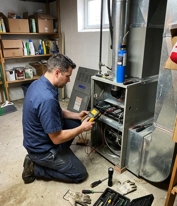 Technician using a combustion analyzer on an open furnace in a North York semi-detached home basement